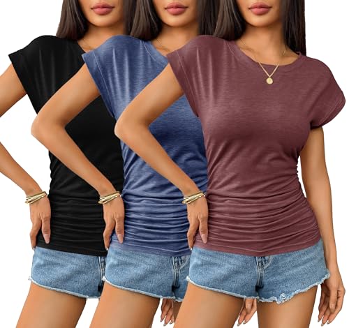 Zeagoo Womens Tops Ruched Cap Short Sleeve Tshirts Shirts Crew Neck T Shirts Trendy Fashion Blouse S-XXXL3