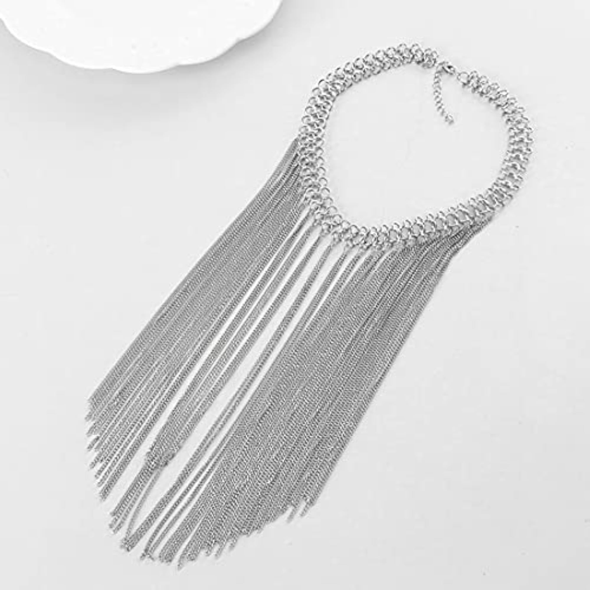 Plated Long Drop Chain Choker Necklace for Women