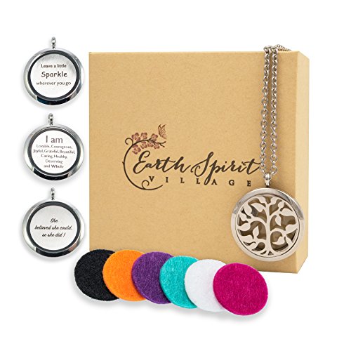 Earth Spirit Village Tree Of Life-Aromatherapy Essential Oil Diffuser Necklace Gift Set, Stainless Steel Locket & Chain, 3 Interchangeable Inspiration Jewelry Charms + 6 Refill Pendant Pads