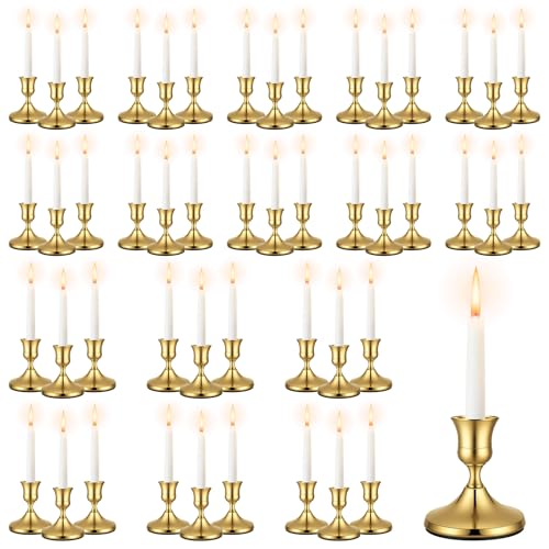 48 Pack Brass Gold Taper Candle Holders Set - Vintage Metal Candlestick Holders Set Candle Holder for Table Centerpiece Wedding Reception Festive Christmas Mantel Decoration or Home Decor Gold