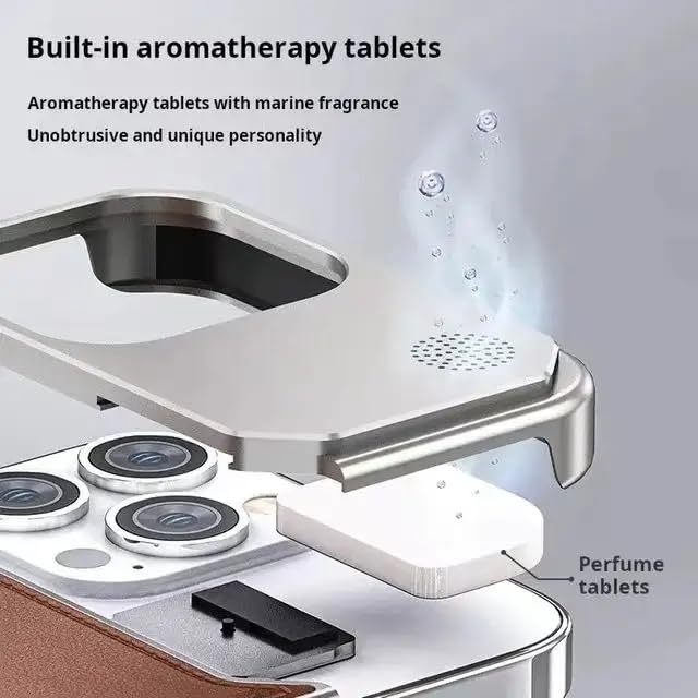 Image of Business Leather Phone Case Compatible with iPhone 16 Pro Max Case Wireless Charging | Aluminum Alloy Eco-Friendly Cloth Aroma Therapy Phone Case (Grey)