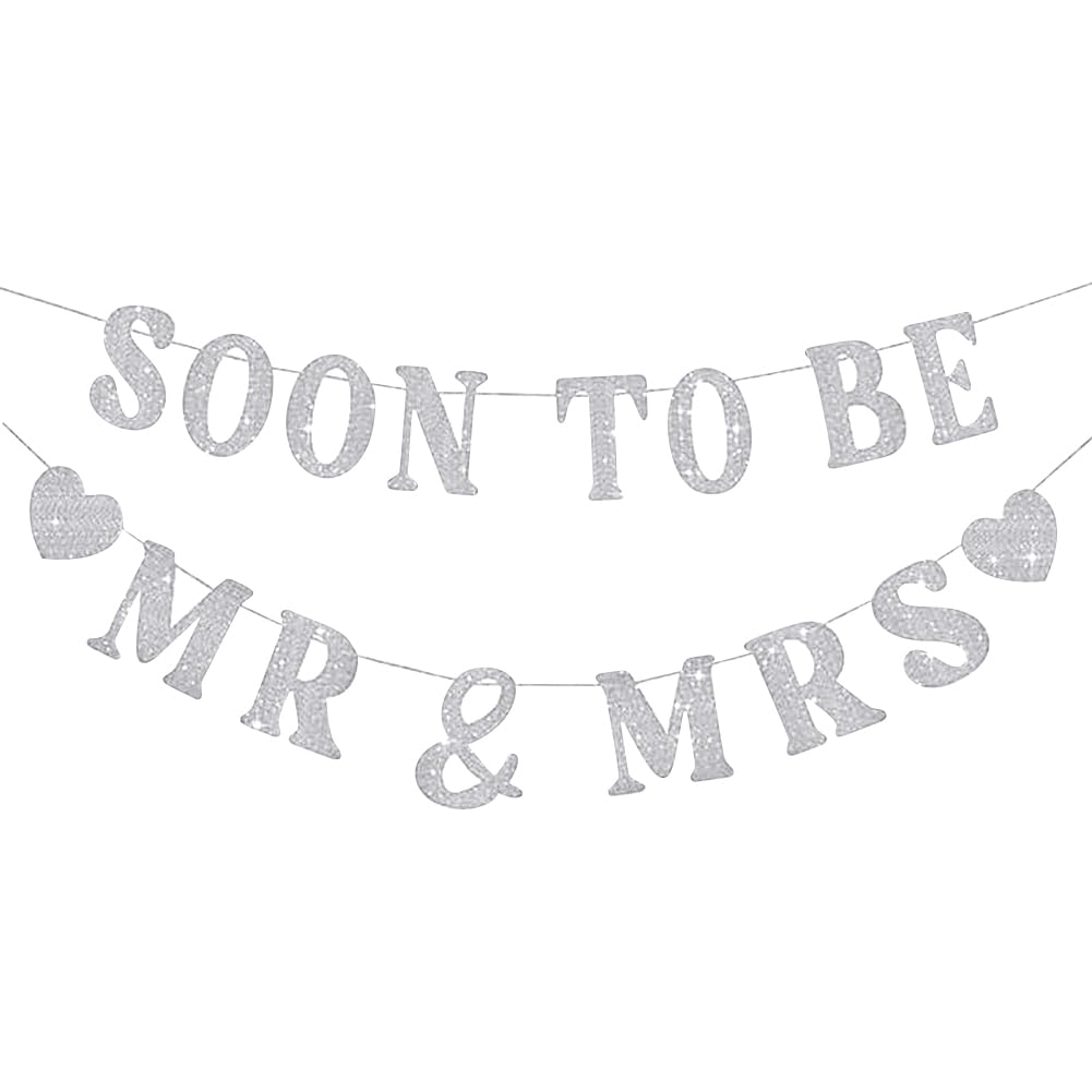 FSSTUD Soon to Be Mr and Mrs Sign Couples Shower Banner Glitter Bridal Shower Garland Wedding Eve Banner Paper Bachelorette Party Banners Engagement Party Garland for Backdrop Wall Silver