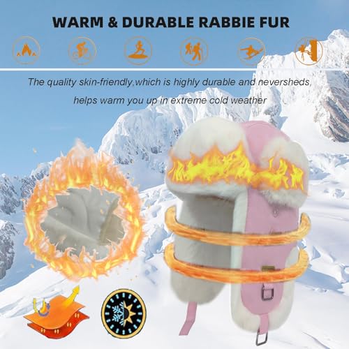 Image of Winter Trapper Hat for Men Women Warm Soft Russian Ushanka Hat Real Rabbit Fur Aviator Bomber Hats Winter Hats with Ear Flaps