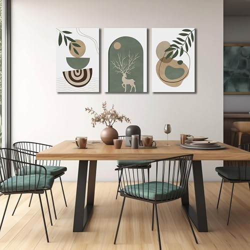 Image of Boho Sun Canvas Wall Art Set of 3, Neutral Abstract Minimalismt Bohemian Geometric & Botanical Plants Pictures Prints Artwork Paintings Wall Decor for Bedroom Living Room Home Decoration 16x24 inches