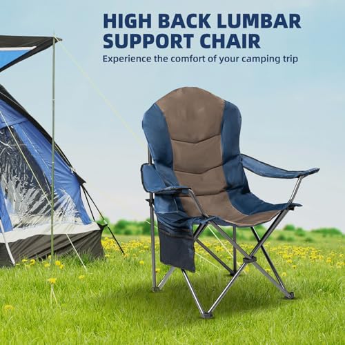 Foristrail 2 Pack Folding Camping Chairs for Adults - High Back Padded Portable Outdoor Lawn Chairs 400lbs Capacity, Adjustable Armrests - Lightweight Camp Chairs Set (Blue & Brown) の商品画像 2