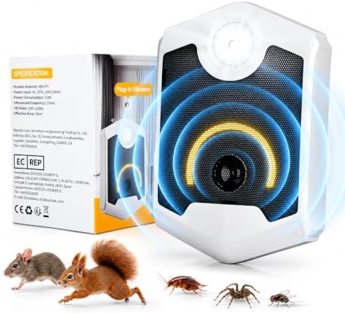 Mäusevertreiber Ultraschall,Mäuseabwehr Mäuseschreck Pest Repeller,25 kHz Ultraschall Schädlingsbekämpfer mit LED Lichtblitz,Feuerfestes ABS Gehäuse,50 m² Reichweite für Haus Kelle