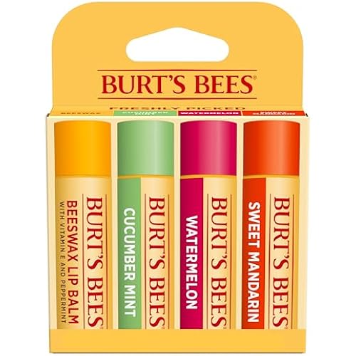 Burt's Bees Lip Balm, Original Beeswax, Cucumber Mint, Watermelon & Sweet Mandarin, With Responsibly Sourced Beeswax, Tint-Free, Natural Origin Treatment, 0.15 oz., Four Tubes