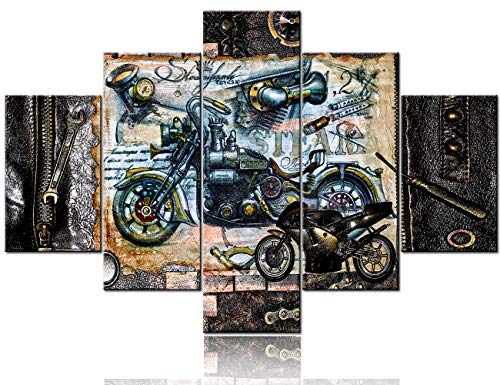 Modern House Decoration Wall Art Steampunk Style Motorcycle Painting On Canvas Black Leather Picture Premium Quality Artwork 5 Piece Wall Art Work Framed Ready To Hang Poster And Prints(60''Wx40''H) #TOP3
