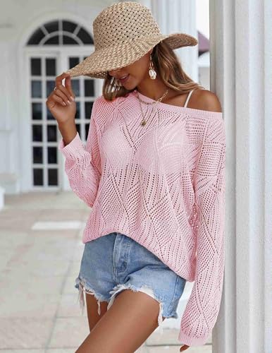 Image of Zeagoo Womens Crochet Top Summer Scoop Neck Long Sleeve Off The Shoulder Sweater Oversized Hollow Out Beach Clothes Pink XXL