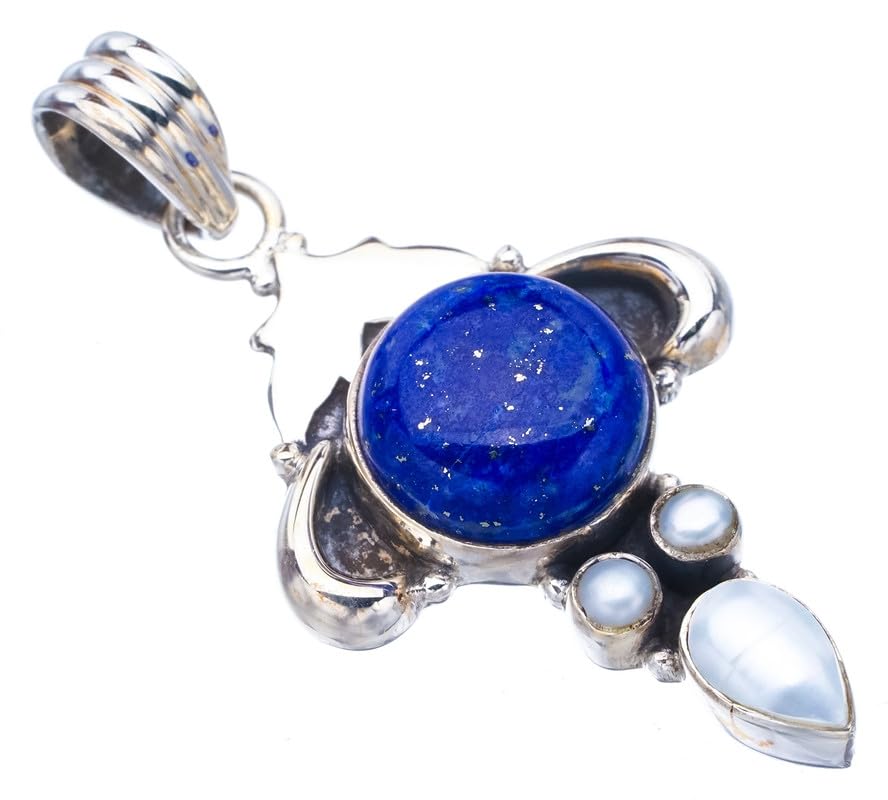 Pendentif lapis-lazuli naturel argent 925 et perle de rivière fait main F5370