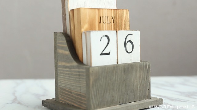 Calendrier Perpétuel De Bureau En Bois - Blocs Date/jour/mois, Finition Grise, 16x12x6 Cm