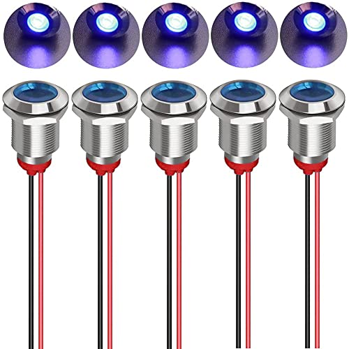 Gebildet 5pcs 12mm AC/DC 12-24V LED Luz Indicadora de Metal Lámpara de Señal Impermeable Piloto Direccional con Cable (Azul)
