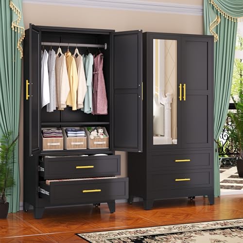 Image of GAIOUS Steel Armoire Wardrobe Closet with Mirror and 2 Drawers 71 inch Black