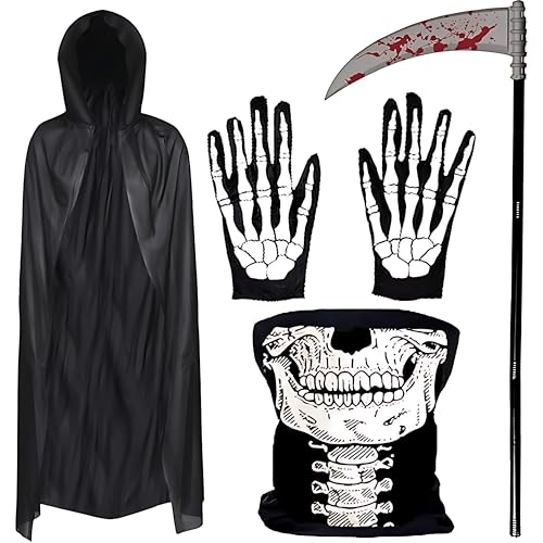 4pc Adult Grim Reaper Costume Accessories - Half Skull Mask, Bloody Scythe Prop, Skeleton Gloves and Hooded Black Cloak - Halloween Skeleton Phantom Grim Reaper Halloween Costumes for Men