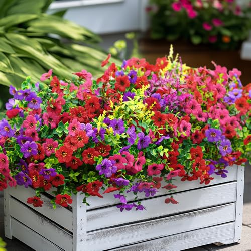 SHareconn 24 Bundles Artificial Flowers for Outdoors Decoration, Faux Plants Fake Silk Colorful Daisy Eucalyptus Lavender, UV Resistant for Outside Planters Home Porch Patio Indoor Spring,Mix 3 Colors