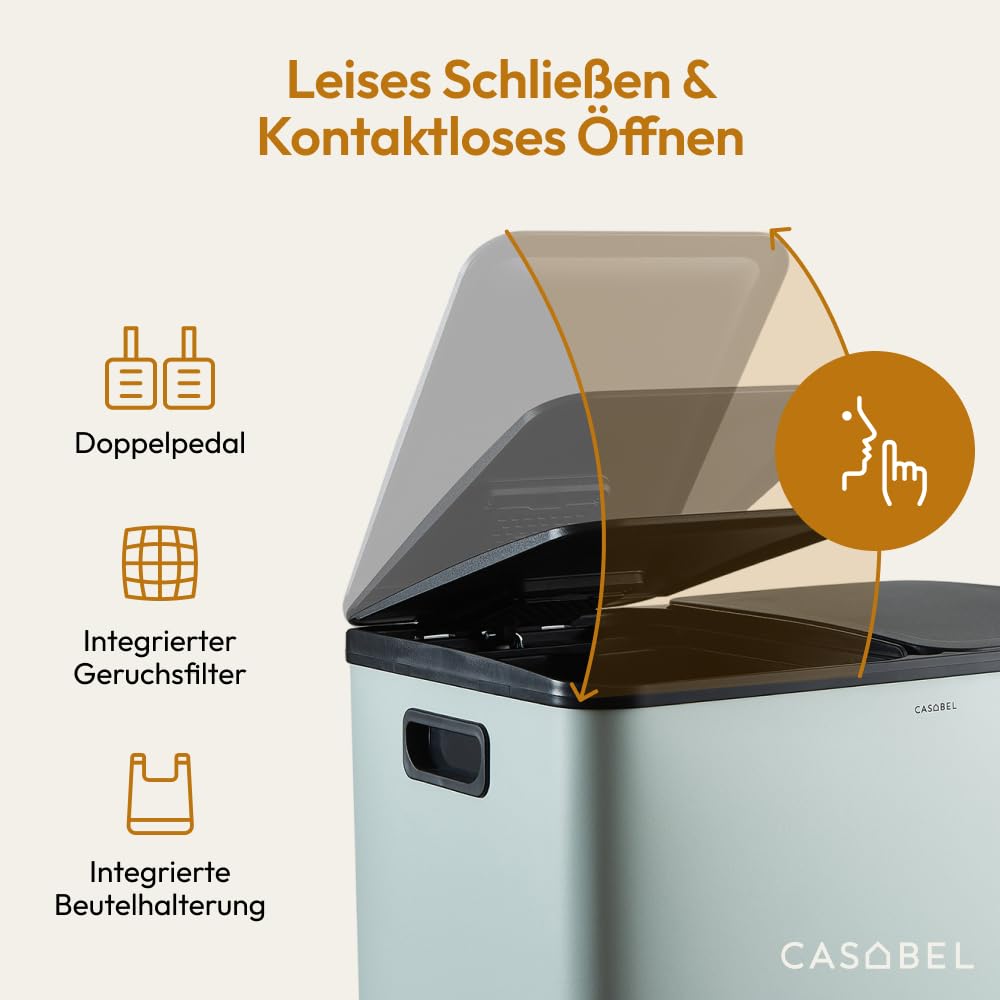 CASABEL Mülltrennung Mülleimer 60L, Küchenmülleimer 2x30L mit Pedal, fingerabdruckfreier Edelstahl, Doppelkammern, herausnehmbare Eimer, Griffe, leise Deckel, Mintgrün
