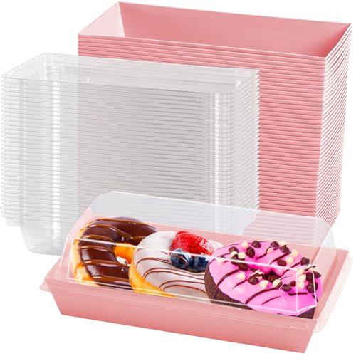 Cptoion 50 Pack Charcuterie Boxes with Clear Lids,Disposable Food Containers Bakery Boxes,Dessert Box To Go Treat Containers for Sandwich,Cupcakes,Cookies,Strawberries(7.5x3.3 Inch, Pink)