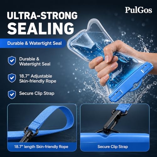 Image of PulGos Pack of 2 Waterproof Phone Pouch (Blue) | IPX8 Transparent Mobile Pouch with Lanyard | Secure Lock Clear Phone Cover for 𝐢𝐏𝐡𝐨𝐧𝐞 & 𝐀𝐧𝐝𝐫𝐨𝐢𝐝 | Swimming, Beach,Travel & Water Sports
