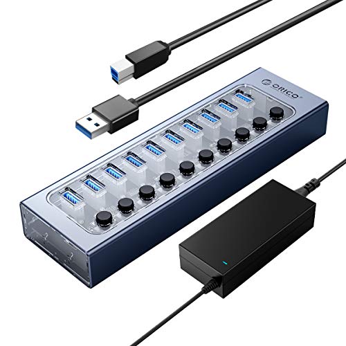 ORICO Powered USB Hub Aluminio+PC 10 Puertos 48W USB 3.0 Data Hub con Carga BC1.2, Interruptor Individual de Encendido/Apagado y Fuente de alimentaci�n de 12V/4A para PC, iMac, Unidad Flash