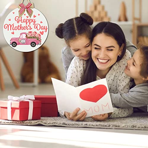 Happy Mother's Day Welcome Sign Wreath, Round Wooden Hanging Door Sign Carnation Pattern Red Heart Decor With Ribbon Bow For Mother's Day Front Door Wall Rustic Farmhouse Porch Decorations, 12 Inch #TOP4