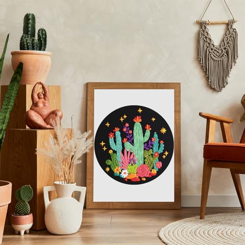 Image of Louise Maelys Cactus Embroidery Kit, Cross Stitch Kit for Beginner Adults | Cactus Embroidery Starter Kit With Stamped Fabric, Hoop, Threads, Needles And Instructions For Adults DIY Cross Stitch Craft