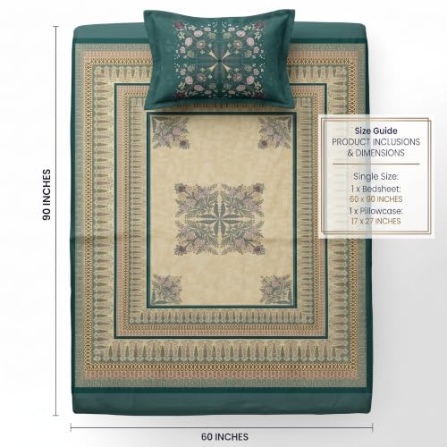 Image of BSB HOME 240 TC Cotton Single Bedsheet, Premium Soft & Breathable Single Bed Sheet, Skin Friendly Durable Printed Bed Cover for Bedroom, Elegant Cotton Bedding, 60 x 90 Inches - Spruce Green