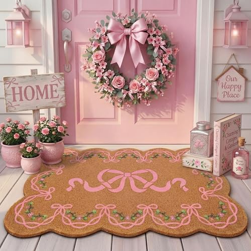 Jenaai Pink Bow Welcome Doormat, 16 x 29 Inches Cute Front Coir Door Mat with Scalloped Design, Non Slip Outdoor for Entryway Patio Porch Indoor Decor