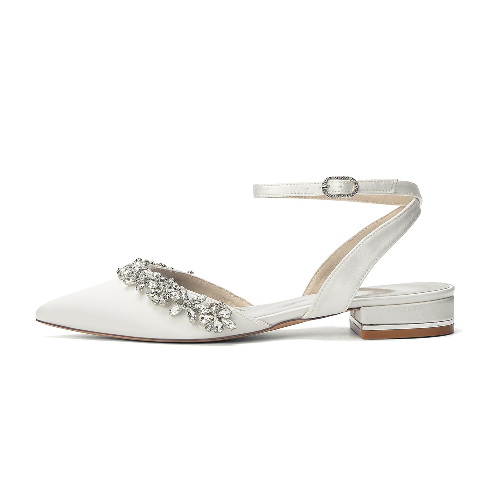 Scarpe da Sposa Basse Slingback in Raso a Punta con Strass - Eleganti Ballerine con Tallone Scoperto per Cerimonia e Invitata Matrimonio