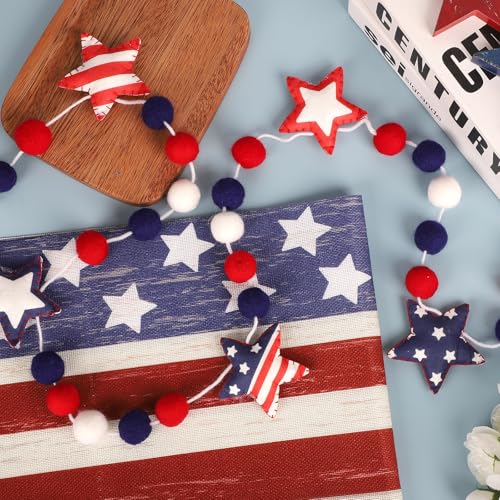 Image of 4th of July Garland with Felt Balls Stars 8.2 FT, Red White and Blue American Flag Colors Beaded Decor, Rustic Patriotic Decor for Shelf Display, Fireplace, Wall (Star)