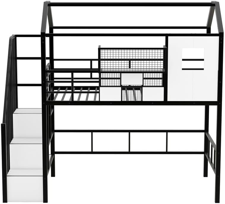 Twin Loft Bed with Storage Stairs and Guardrail, Metal House Lofted Bed Twin Size with Storage Box, Modern Style Heavy-Duty Steel Frame with Roof, No Box Spring Needed, Black