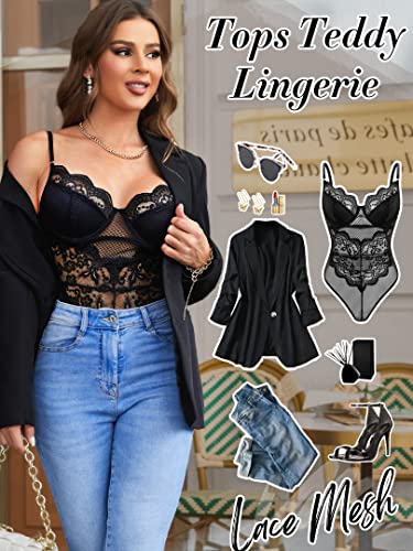 Popiv Women Lace Bodysuit Sexy Mesh Teddy Lingerie Cami Bustier Tops Going Out Tank Top #TOP3