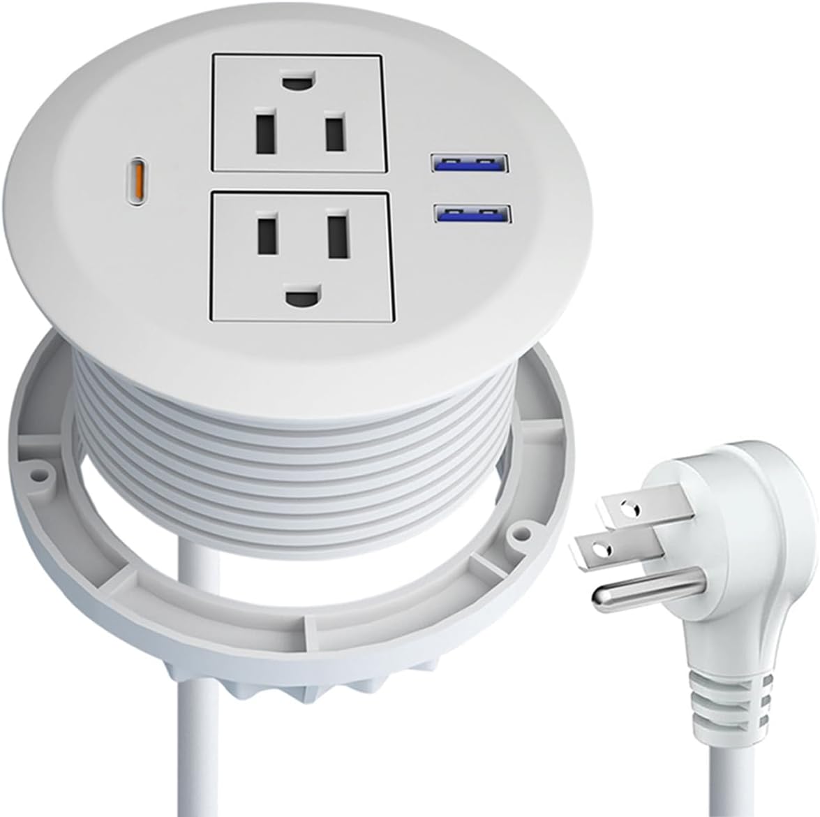 Desktop Power Grommet - 3-inch PD30W USB C Desk Fast Charging Station,3-USB Port,Flush Mounted for 3-1/8" Desk Grommet Holes,Round Recessed Power Outlet,ETL-Certified,6.3 ft Cord,White