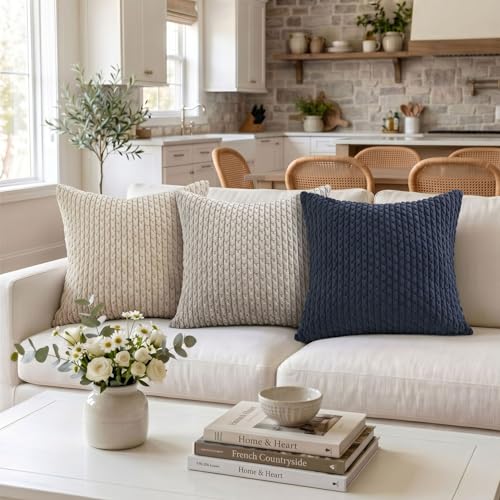 Fancy Homi 2 Packs Navy Blue Decorative Throw Pillow Covers 18x18 Inch for Couch Bed Sofa, Modern Farmhouse Boho Home Decor, Soft Cute Plush Corduroy Cushion Case 45x45 CM by Fancy Homi - Used condition - Image 5