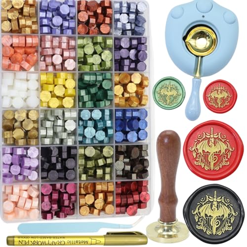 Wax Seal Stamp Set with Electric Waxs Sealing Warmer Kit, 24 Colors Waxseal Beads 600pcs, Sword Waxing Seals Stamp Dragon, Sealingwax Spoon, Gold Waxpen, Tweezer (K2)