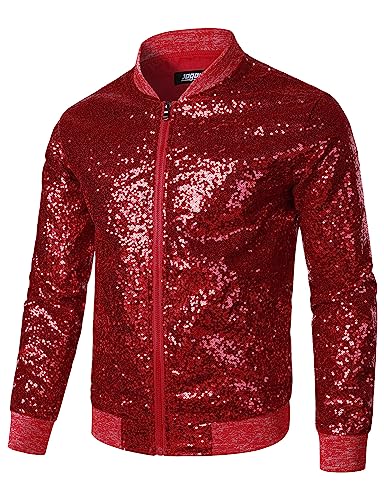JOGAL Herren Metallic Pailletten Jacke 70er Baseball Bomberjacke Disco Nachtklub Party Kostüm Rot X-Large