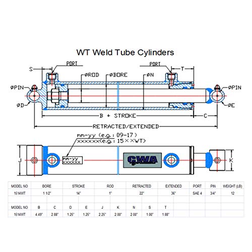 Image of WT Weld Cross Tube Hydraulic Cylinder 1 1 /2 inch Bore x 14 inch Stroke x 1 inch Rod x SAE 4 Port x 3000 PSI