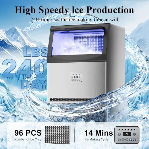 Image of Mountman Commercial Ice Maker,240lbs /24H,96 Cubes in 14 Mins,Stainless Steel Ice Machine with 50lbs Storage Capacity,Self-Cleaning,Water Filter,Under Counter /Freestanding Ice Maker for Cafe,Home