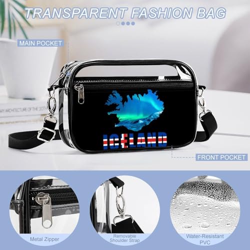 Iceland Flag Map Northern Lights Women's Clear Crossbody Purse Bag Transparent Bags Pocket for Concerts Sports Festivals4