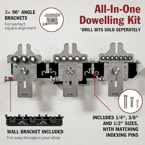 Image of JessEm 08358 Seasoned Pro Stainless Steel Dowelling Jig Complete Kit with 1 /4 inch, 3 /8 inch and 1 /2 inch Guides, Three Angle Bases, Wall Bracket, Precision Woodworking Joinery Tool