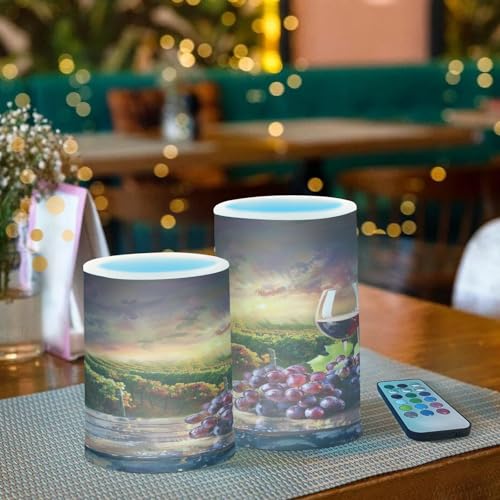 Image of Flickering Flameless Candles, Wine Grass Grapes Wine Barrel LED Candles with Remote Timer, Set of 2 Battery Operated Candle for Valentine Wedding Birthday