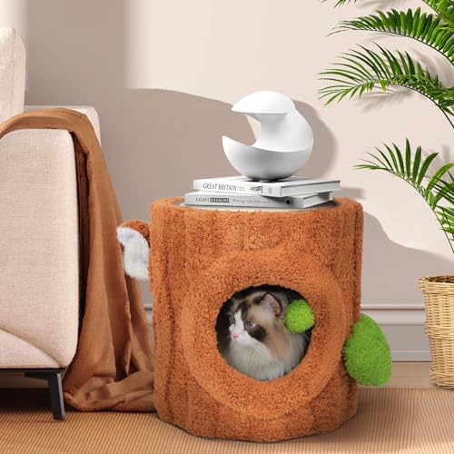 Image of Cat House for Indoors Cats, Luxury Cat House Bed with Scratch Table & Soft Cushion, Cat Condo with Hanging Ball Toy for Small Medium Pets, Brown