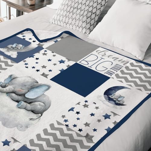 Image of HawSkgFub Navy Blue Elephant Baby Blankets Boys Shower Gift, Dream Big You're Loved Flannel Fleece Nursery Bed Receiving Swaddle, Soft Lightweight Newborn Infant Toddler Kids Crib Bedding 60 x 80
