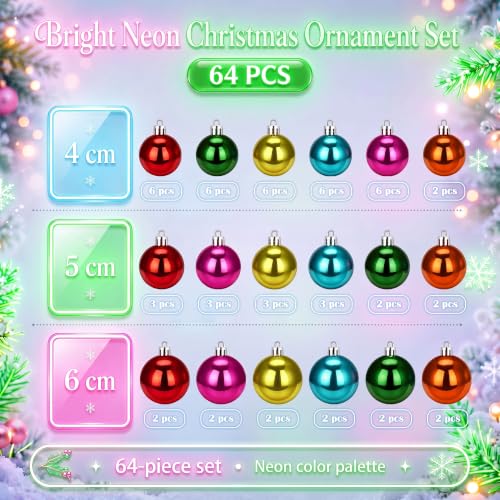 Image of Lunmon 64 Pcs Multicolor Christmas Ornament Bright Color Xmas Baubles