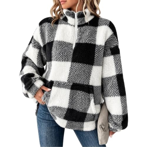 PXQIRMR Sweatshirt for Women Fuzzy Plaid Half Zip Kangaroo Pocket Pullover - image 6