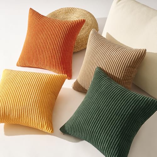 Image of Topfinel 16x16 Inch Set of 4 Green Rust Throw Pillow Covers Boho Farmhouse Cushion Covers Soft Corduroy Fall Home Decor for Couch Bed Sofa Living Room