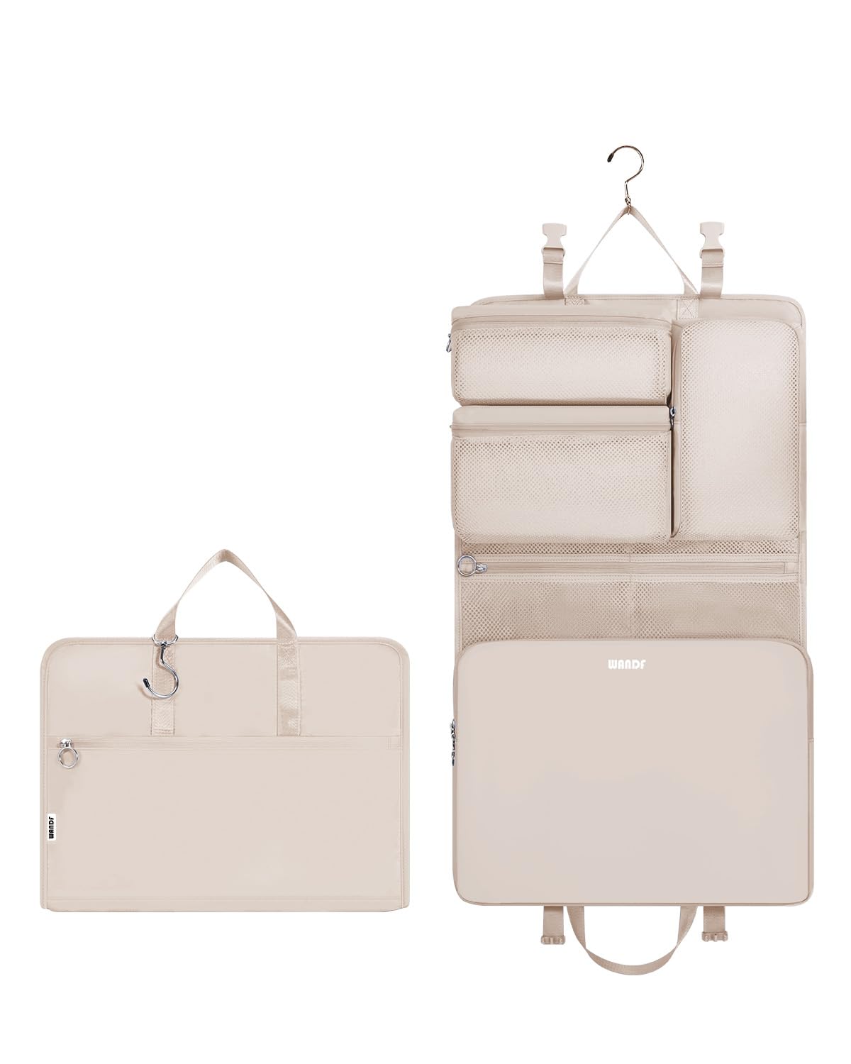 WANDF 6-in-1 Packing Cubes Koffer Organizer mit 360°-Aufhängehaken, Wasserabweisende Packwürfel Kompressions für Reisen, Multifunktionaler Handgepäck, Reise Essentials für Damen Herren, Beige