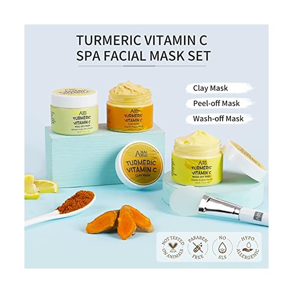 ANAI RUI Turmeric Vitamin C Facial Mask 3-in-1 Travel Mini Kit - Clay Mask, Peel Off Mask, Wash-Off Cream Mask, for Acne & Dark Spots, Oily Skin, Facial Spa Treatment 1.75 oz × 3 ea