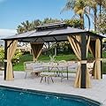 YITAHOME 12x14FT Gazebo Hardtop Double Roof Canopy Outdoor with Netting and Shaded Curtains, Aluminum Frame Polycarbonate Hardtop Garden Tent for Patio, Backyard, Deck and Lawns, Brown