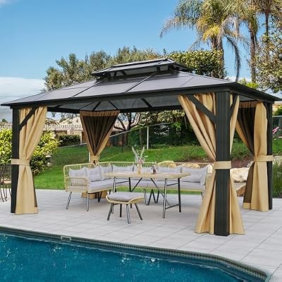 YITAHOME 12x14FT Gazebo Hardtop Double Roof Canopy Outdoor with Netting and Shaded Curtains, Aluminum Frame Polycarbonate Hardtop Garden Tent for Patio, Backyard, Deck and Lawns, Brown