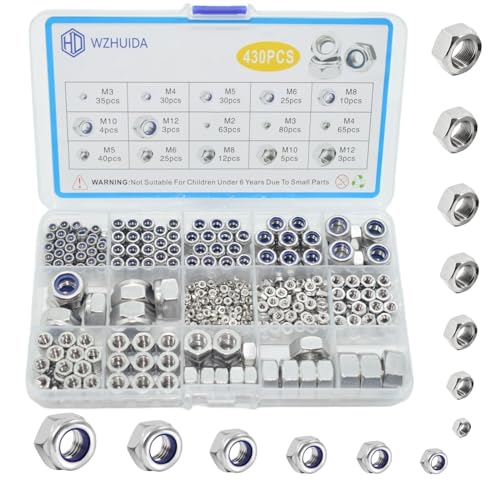 WZHUIDA 430 Stück Selbstsichernde Muttern und Sechskantmuttern Sortiment Edelstahl Sicherungsmuttern Set Kontermuttern Sechskant Schraubenmuttern M2 M3 M4 M5 M6 M8 M10 M12 DIN985 DIN934